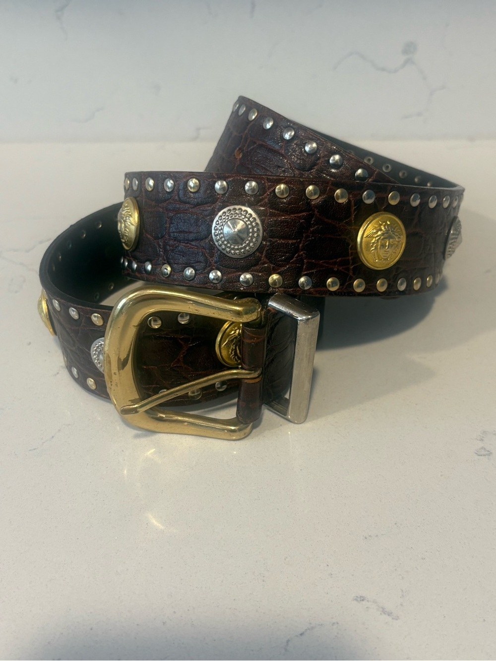 vintage Gianni Versace Brown Studded Leather Belt with Brass Accents